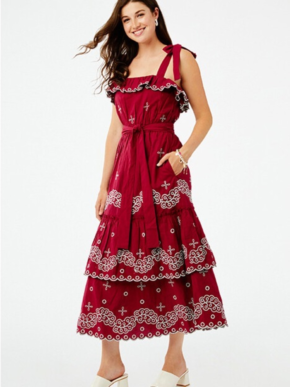 Roller Rabbit Burgundy Tie-Shoulder Embroidered Tiered Maxi Dress